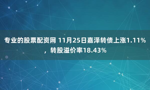 专业的股票配资网 11月25日嘉泽转债上涨1.11%，转股溢价率18.43%